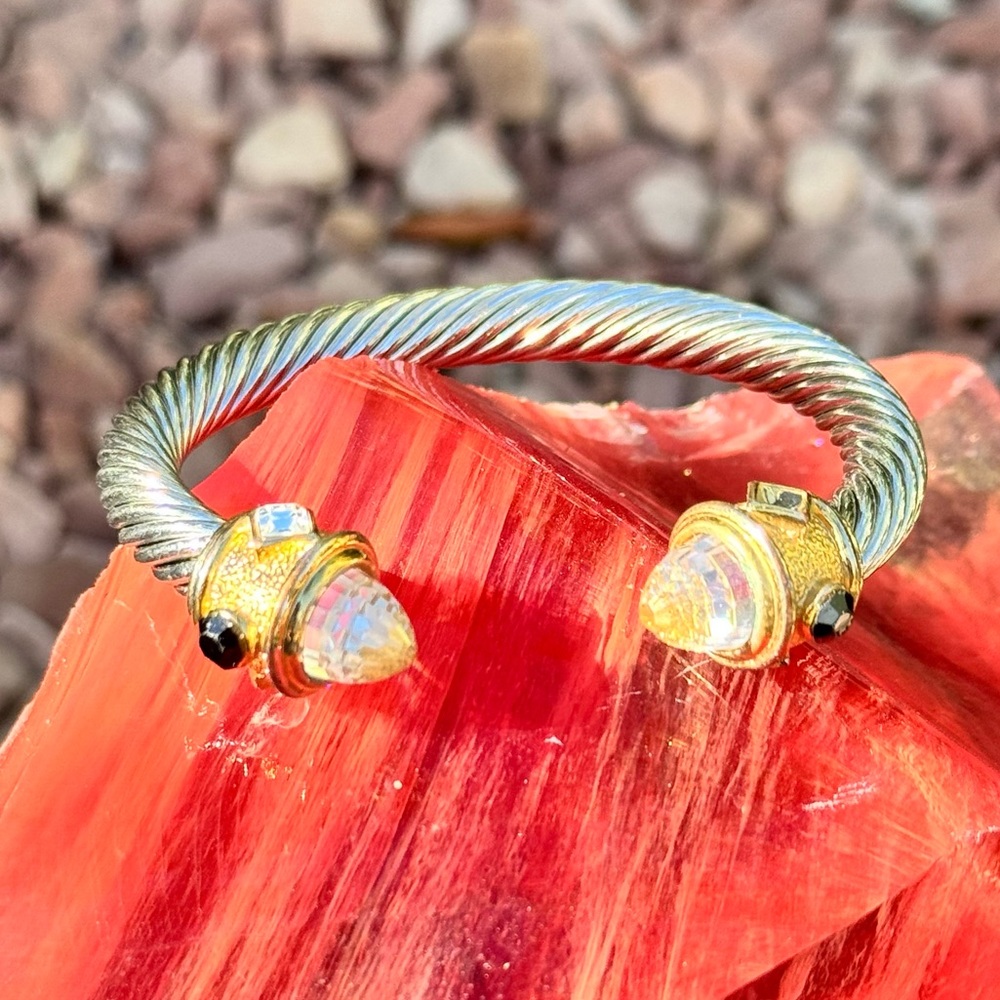Two-Tone Twisted Cable Cuff Bracelet with Faceted Crystal Ends ✨